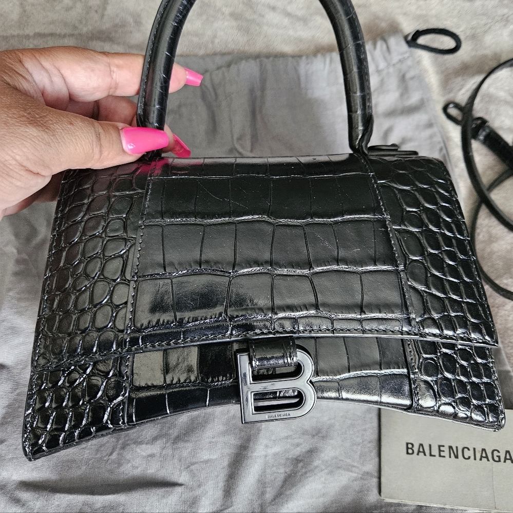 Balenciaga Crocodile Shiny Leather Top Handle small Crossbody Bag